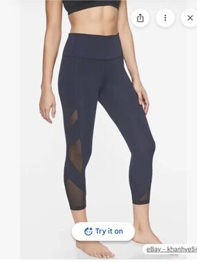 Athleta Rise Pintuck Chaturabga High-Waist Navy Mesh-Panel Leggings